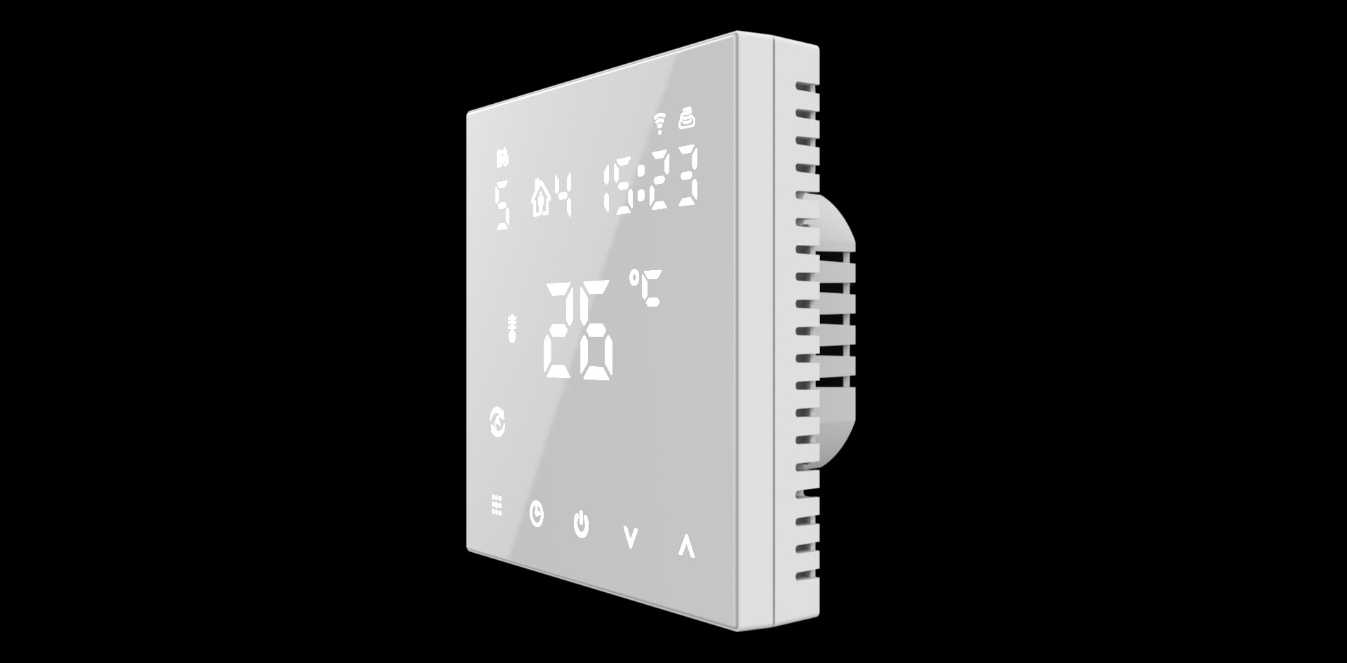 Boczny widok białego, dotykowego termostatu pokojowego z wyświetlaczem LCD pokazującym temperaturę 26 stopni Celsjusza i godzinę 15:23, umieszczonego na czarnym tle.