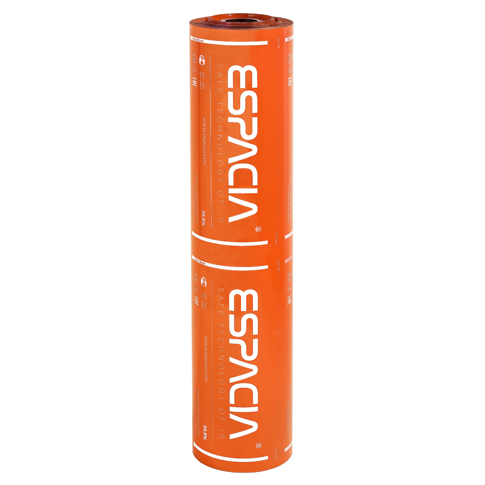 Pomarańczowa rolka folii grzewczej Espacia z widocznym logo i informacjami o produkcie, takimi jak 'Safe Technology of IR' i 'Premium heating film PTC', na białym tle.