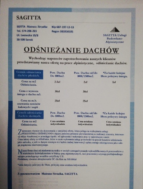 Cennik usług odśnieżania dachów firmy Sagitta, zawierający informacje o cenach za odśnieżanie dachów płaskich i skośnych, usuwanie nawisów lodowych i sopli, oraz wywóz śniegu z dachu.