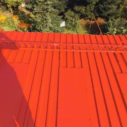 Jaskrawoczerwony, świeżo pomalowany dach z blachy trapezowej, widok z góry, z zamontowaną drabinką dachową; w tle zieleń drzew i kwiatów.