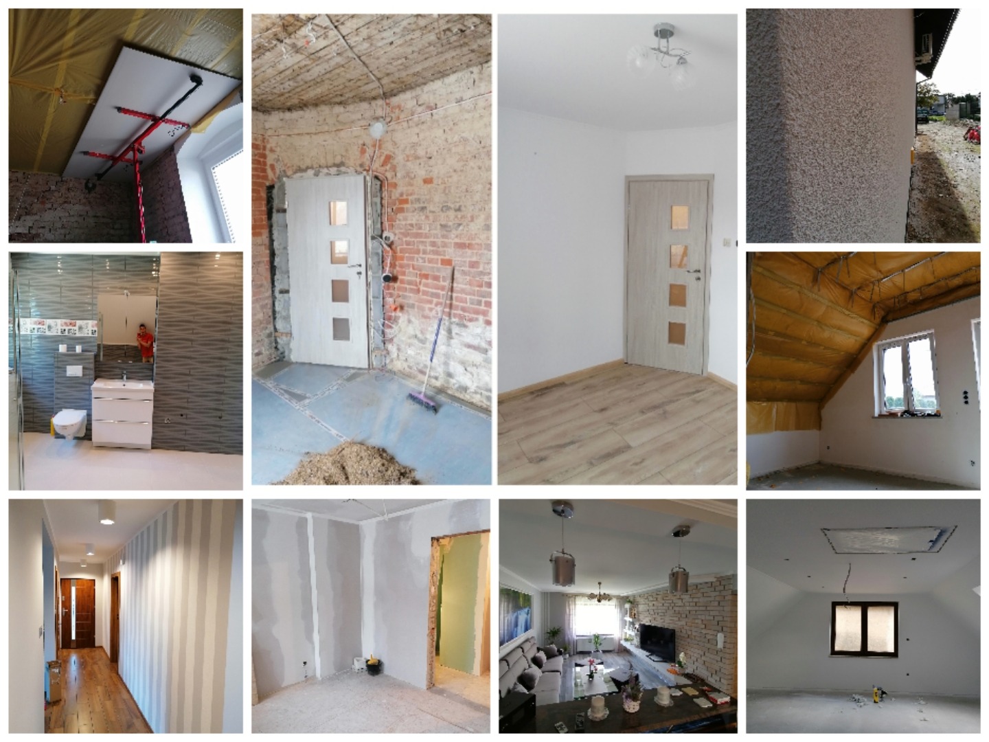 Kolaż zdjęć przedstawiających różne etapy prac remontowych wewnątrz domu: ocieplenie poddasza, wykończenie łazienki z szarą glazurą, pokój po malowaniu, elewacja zewnętrzna z fakturą baranka, salon...