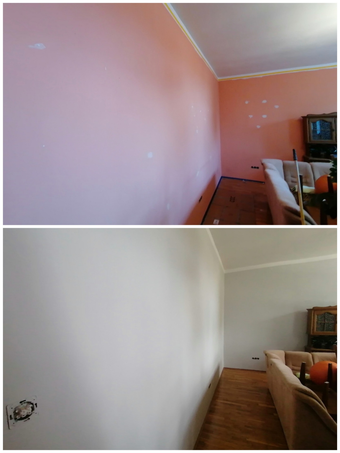 Zdjęcie przedstawia metamorfozę pokoju: górna część ukazuje różową ścianę z widocznymi ubytkami i zagruntowaniem, dolna część prezentuje tę samą ścianę pomalowaną na biało, z widocznym gniazdkiem...