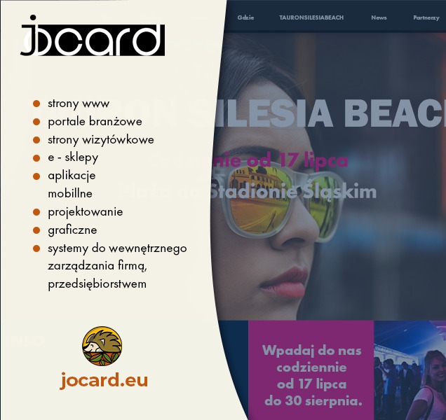Fragment strony internetowej Tauron Silesia Beach z tekstem 'Wpadaj do nas codziennie od 17 lipca do 30 sierpnia' oraz logo i listą usług firmy jocard.eu