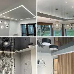 Kolaż czterech zdjęć przedstawiających różne aranżacje sufitów: sufit podwieszany z oświetleniem liniowym LED, błyszczący sufit z trzema wiszącymi lampami, czarny sufit z grafiką jaszczurki...