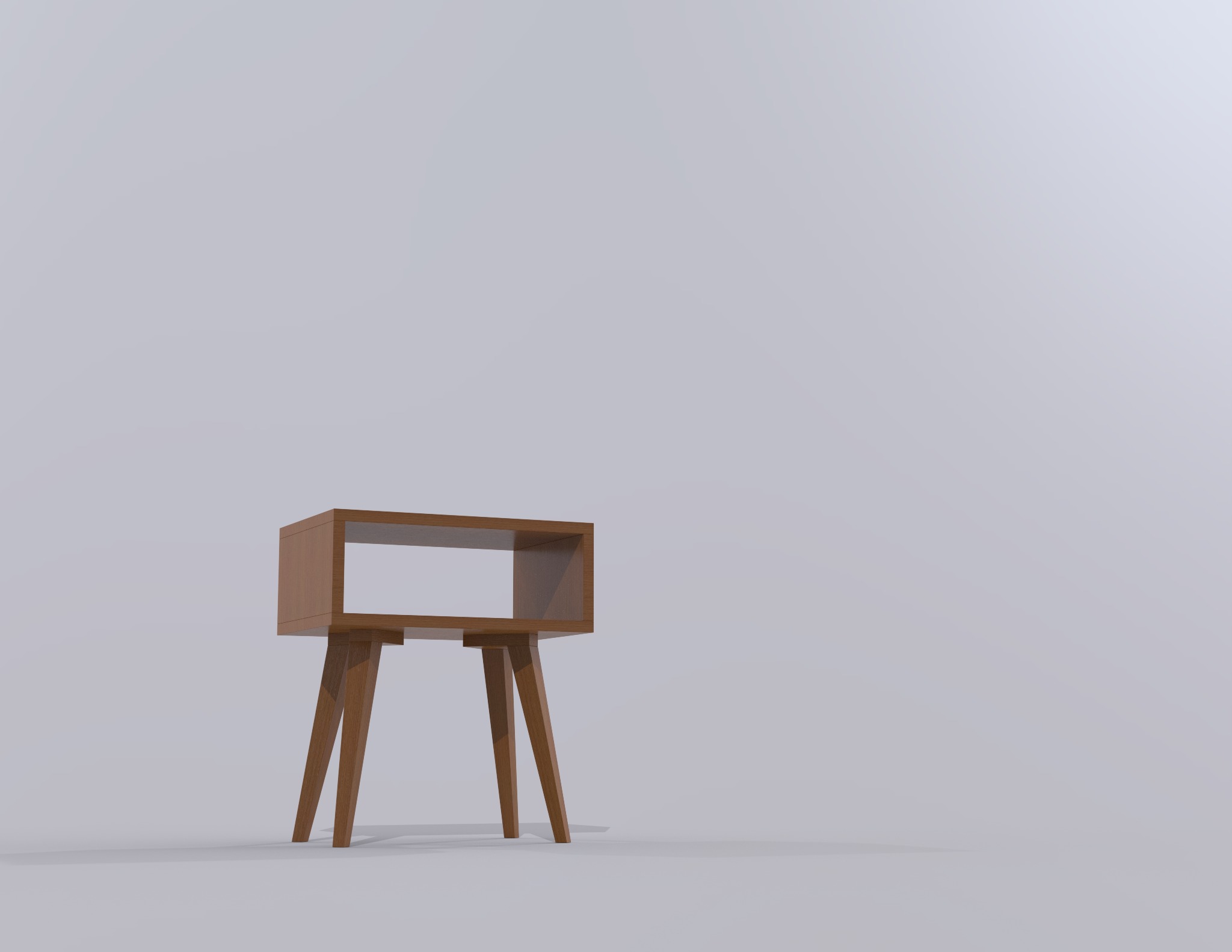 Niska, drewniana szafka RTV w stylu mid-century modern, z otwartą przestrzenią, na smukłych, skośnych nogach, prezentowana na jasnoszarym tle.