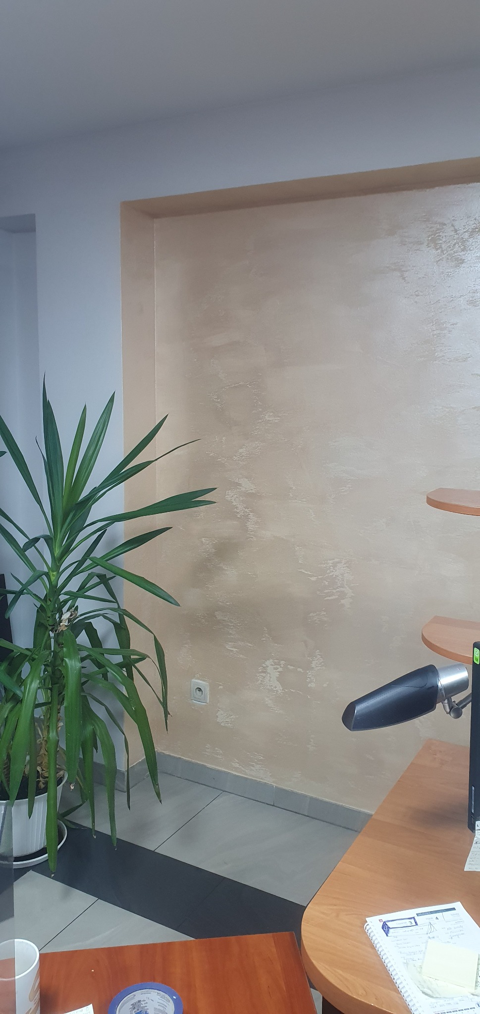 Teksturowana ściana w odcieniach beżu i brązu, oświetlona ciepłym światłem, z gniazdkiem elektrycznym, uzupełniona zieloną rośliną doniczkową i fragmentem biurka z notatnikiem.