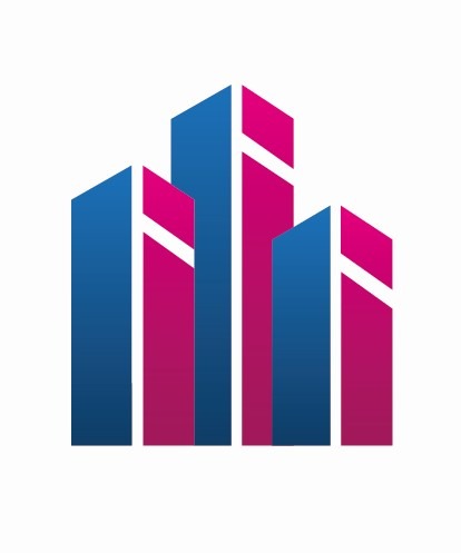 Abstrakcyjne logo przedstawiające trzy stylizowane budynki w odcieniach niebieskiego i różowego, z białymi akcentami, na białym tle.