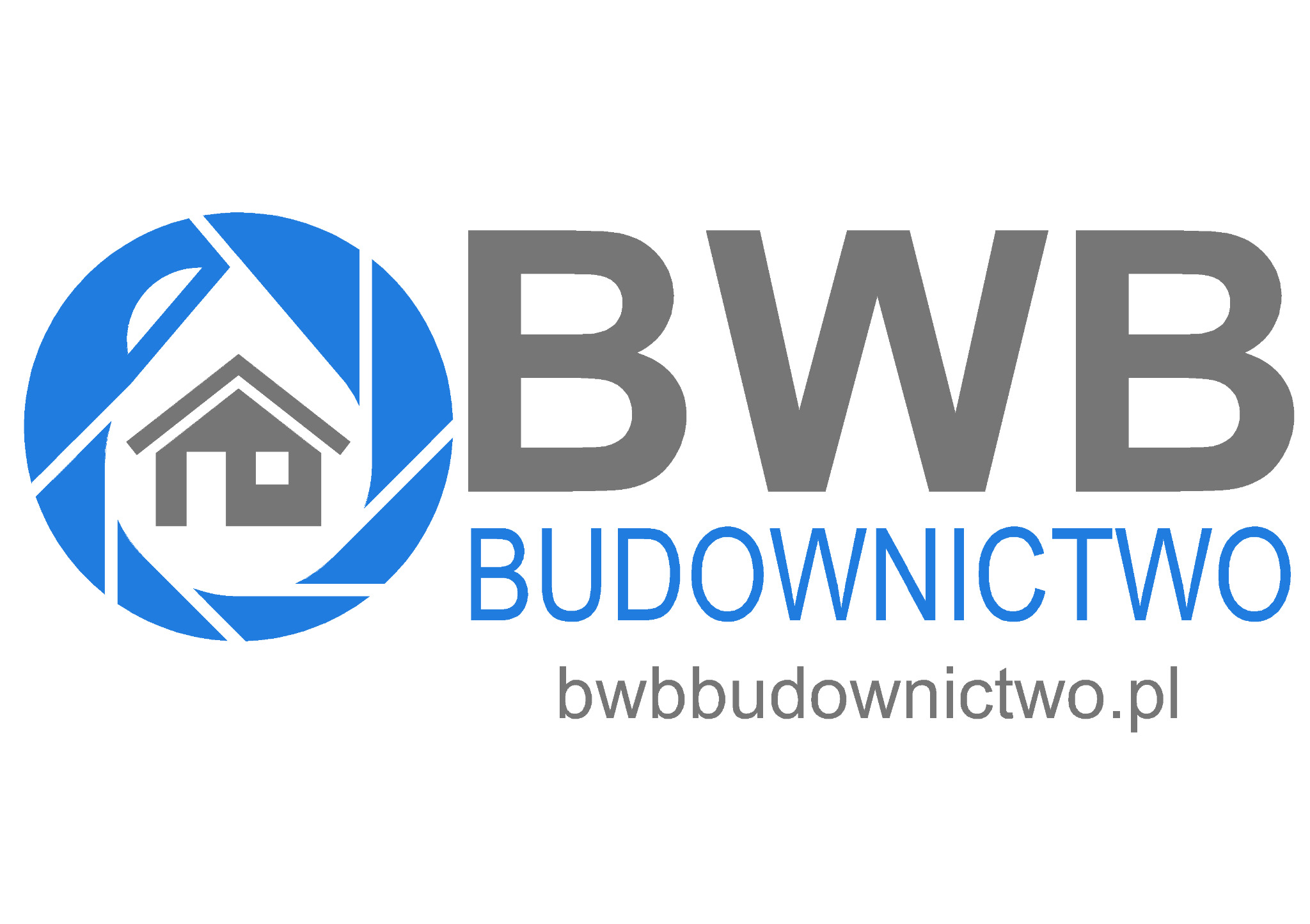 Logo firmy BWB Budownictwo z niebieskim symbolem domu w okręgu i szarym napisem BWB BUDOWNICTWO bwbbudownictwo.pl