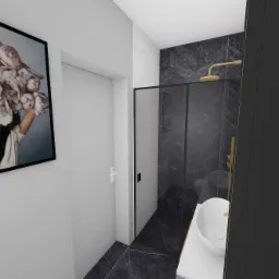 Wizualizacja łazienki z kabiną prysznicową wykończoną czarnym marmurem w jodełkę, białą umywalką na blacie i obrazem kobiety z kwiatami zamiast głowy.