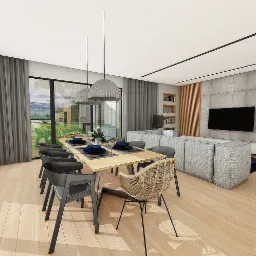 Wizualizacja wnętrza domu: jadalnia połączona z salonem, stół z ciemnymi krzesłami i wiklinowym fotelem, szara sofa modułowa, ściana z telewizorem i drewnianymi panelami dekoracyjnymi, duże okna...