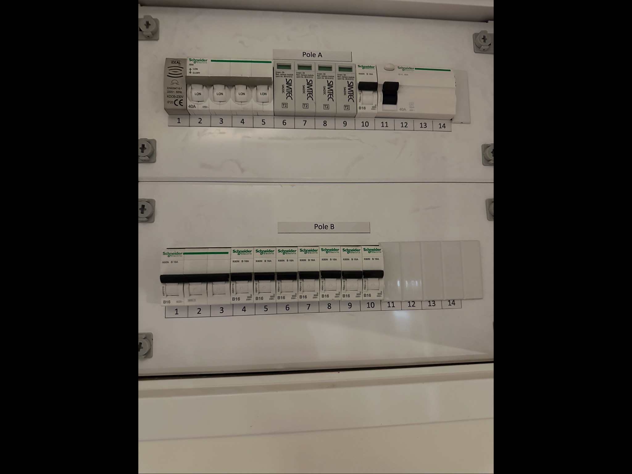 Tablica rozdzielcza z bezpiecznikami firmy Schneider Electric, oznaczona jako Pole A i Pole B, z numeracją od 1 do 14, w białej obudowie.