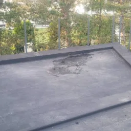 Czarny, płaski dach pokryty papą z widocznymi śladami wody, zabezpieczony metalową barierką. Butla gazowa leży na dachu. W tle zieleń drzew i krzewów.