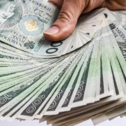 Dłoń trzymająca wachlarz z banknotów 100 zł, widoczne szczegóły banknotów i delikatne zmarszczki na dłoni.