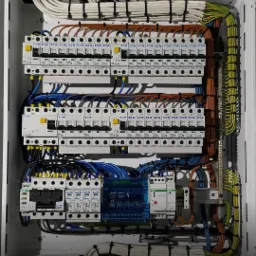 Rozdzielnica elektryczna Eaton z licznymi zabezpieczeniami, przewodami ułożonymi w uporządkowany sposób i oznaczonymi kolorami, widoczne bezpieczniki, styczniki i listwy zaciskowe.