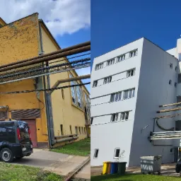 Porównanie elewacji budynku przemysłowego przed i po renowacji, ukazujące różnicę w kolorze i stanie powierzchni. Po lewej stronie widoczna żółta, łuszcząca się farba, a po prawej odnowiona, szara...