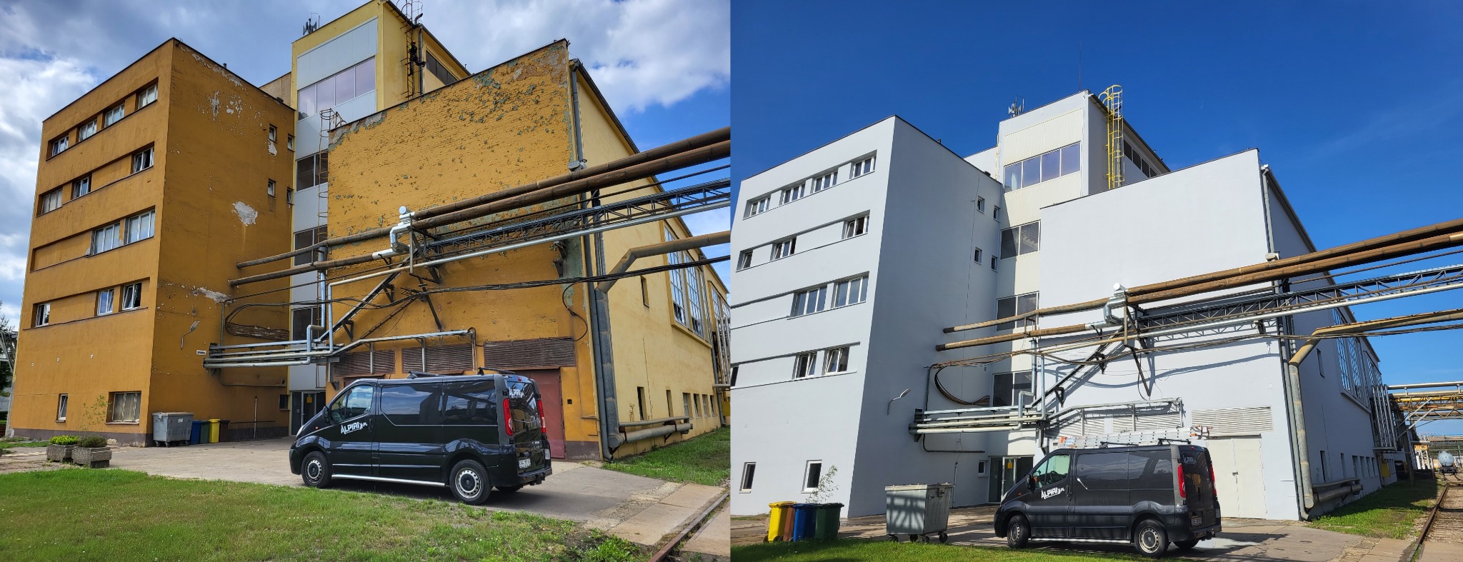 Porównanie elewacji budynku przemysłowego przed i po renowacji, ukazujące różnicę w kolorze i stanie powierzchni. Po lewej stronie widoczna żółta, łuszcząca się farba, a po prawej odnowiona, szara...