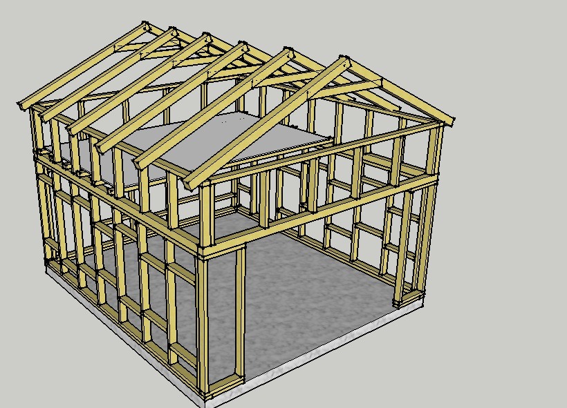 Wizualizacja 3D szkieletu altany z drewnianych belek, ukazująca konstrukcję ścian i dachu przed montażem poszycia.
