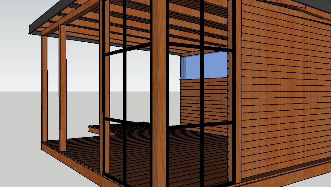 Wizualizacja 3D zadaszonej konstrukcji z drewnianymi słupami i ścianami z desek, widoczny fragment podłogi z desek i fragment okna.
