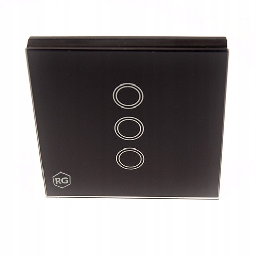 Czarny, dotykowy panel sterowania z trzema okrągłymi przyciskami i logo RG w lewym dolnym rogu, na białym tle.