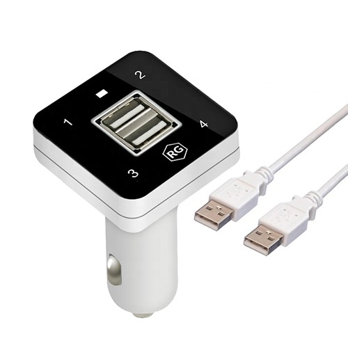 Czarny, kwadratowy rozdzielacz USB do zapalniczki samochodowej z czterema portami i dwoma kablami USB na białym tle.