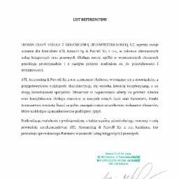 Skan listu referencyjnego dla Kancelarii ATL Accounting & Payroll Sp. z o.o. od Human Craft Sp. z o.o., z datą 7.12.2022 i podpisem.