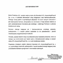 Skan listu referencyjnego dla Kancelarii ATL Accounting&Payroll Sp. z o.o. od Strefy Fotelików S.C., potwierdzający wysoką jakość świadczonych usług księgowych i kadrowo-płacowych, z widocznym...