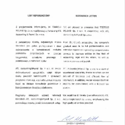 Skan listu referencyjnego od Tiberius Group AG dla ATL Accounting&Payroll Sp. z o.o. w języku polskim i angielskim, z datą i podpisem.
