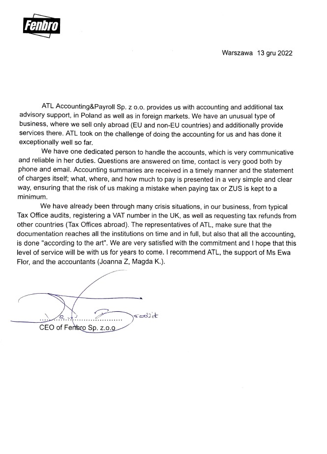 Skan referencji od klienta Fenbro Sp. z o.o. dla ATL Accounting&Payroll Sp. z o.o., z pochlebną opinią o świadczonych usługach księgowych i doradczych, datowany na 13 grudnia 2022, z odręcznym...