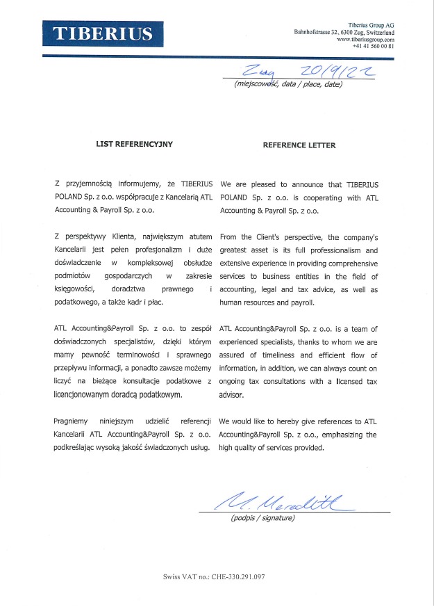 Skan listu referencyjnego od Tiberius Group AG dla ATL Accounting&Payroll Sp. z o.o. w języku polskim i angielskim, z datą i podpisem.
