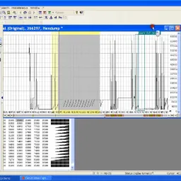 Zrzut ekranu programu WinOLS Demo przedstawiający wykresy i dane heksadecymalne, prawdopodobnie związane z mapowaniem silnika Bosch 16 w samochodzie VW Passat.