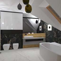 Meble-Pol sp. z o.o. - Wizualizacja łazienki na poddaszu z białą wanną wolnostojącą, umywalką nablatową, toaletami podwieszanymi, szafkami z białymi frontami, oświetleniem punktowym i marmurowymi płytkami na ścianach.