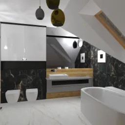 Wizualizacja łazienki na poddaszu z białą wanną wolnostojącą, umywalką nablatową, toaletami podwieszanymi, szafkami z białymi frontami, oświetleniem punktowym i marmurowymi płytkami na ścianach.