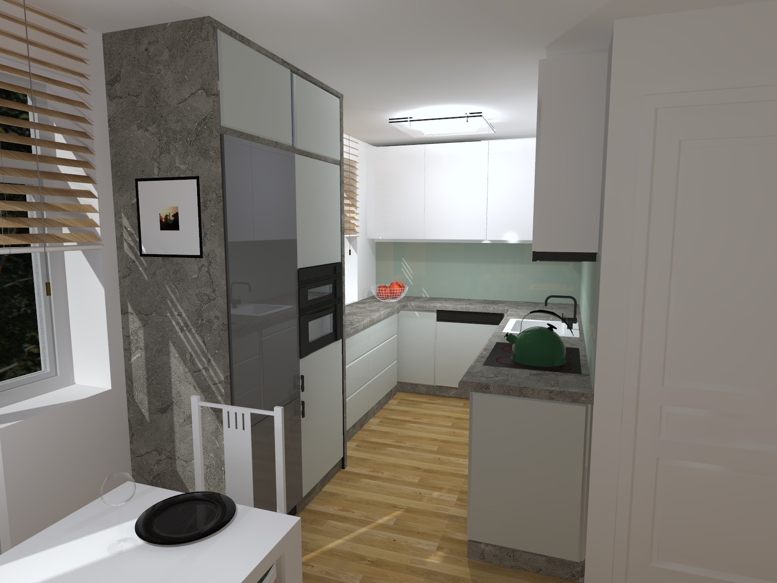 Wizualizacja nowoczesnej kuchni z białymi frontami, szarymi blatami i kamienną kolumną obok okna z żaluzjami, z widocznym fragmentem stołu jadalnego z czarnym talerzem.