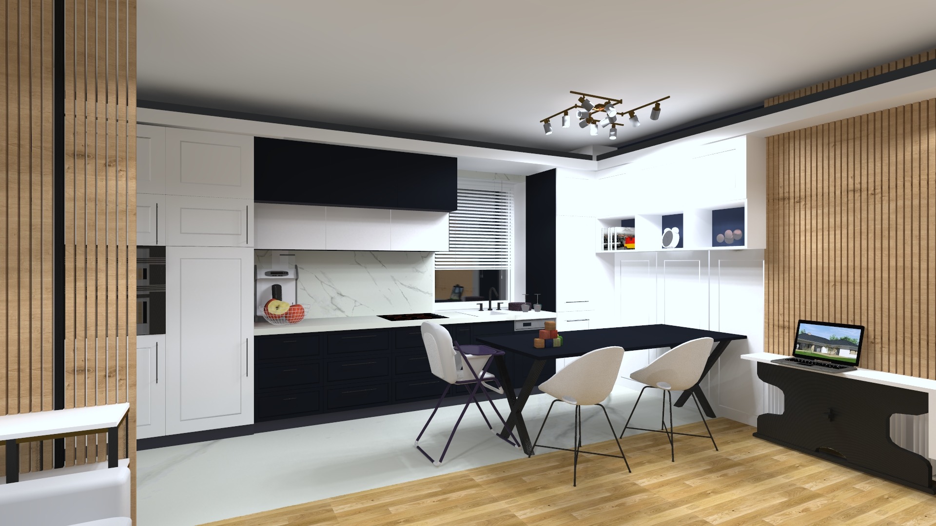 Wizualizacja nowoczesnej kuchni z białymi szafkami górnymi i czarnymi dolnymi, marmurowym backsplashiem, drewnianymi lamelami na ścianie i czarnym stołem jadalnym z białymi krzesłami.