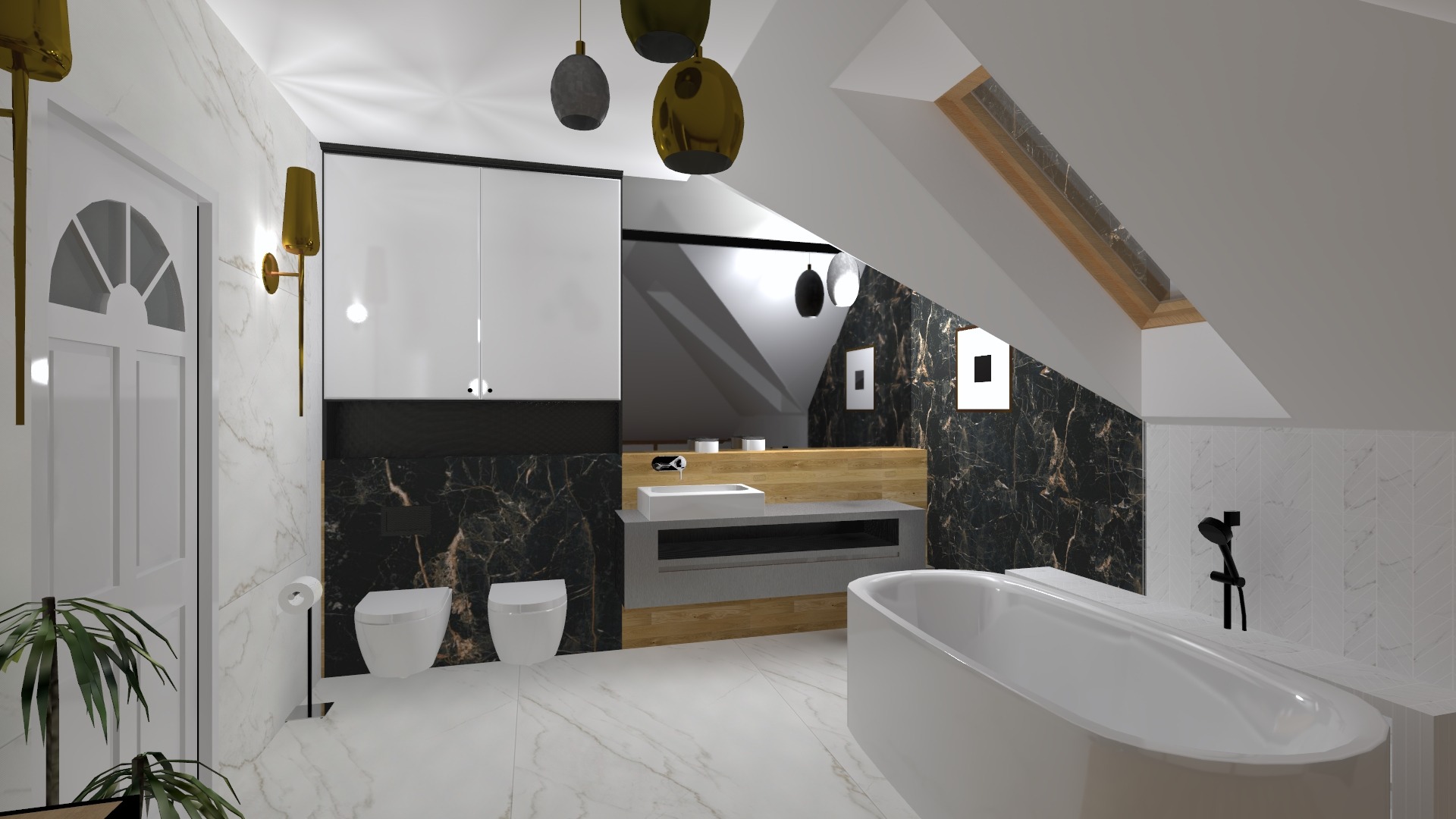 Wizualizacja łazienki na poddaszu z białą wanną wolnostojącą, umywalką nablatową, toaletami podwieszanymi, szafkami z białymi frontami, oświetleniem punktowym i marmurowymi płytkami na ścianach.