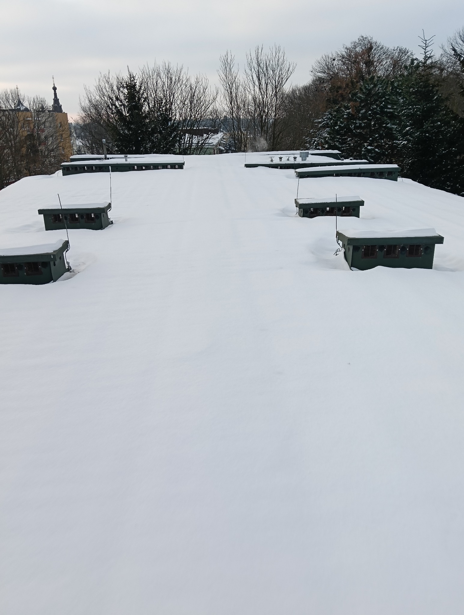 Śnieżny dach z zielonymi elementami wentylacyjnymi i antenami, widok z góry, w tle drzewa i budynki. Zimowy krajobraz miejski.