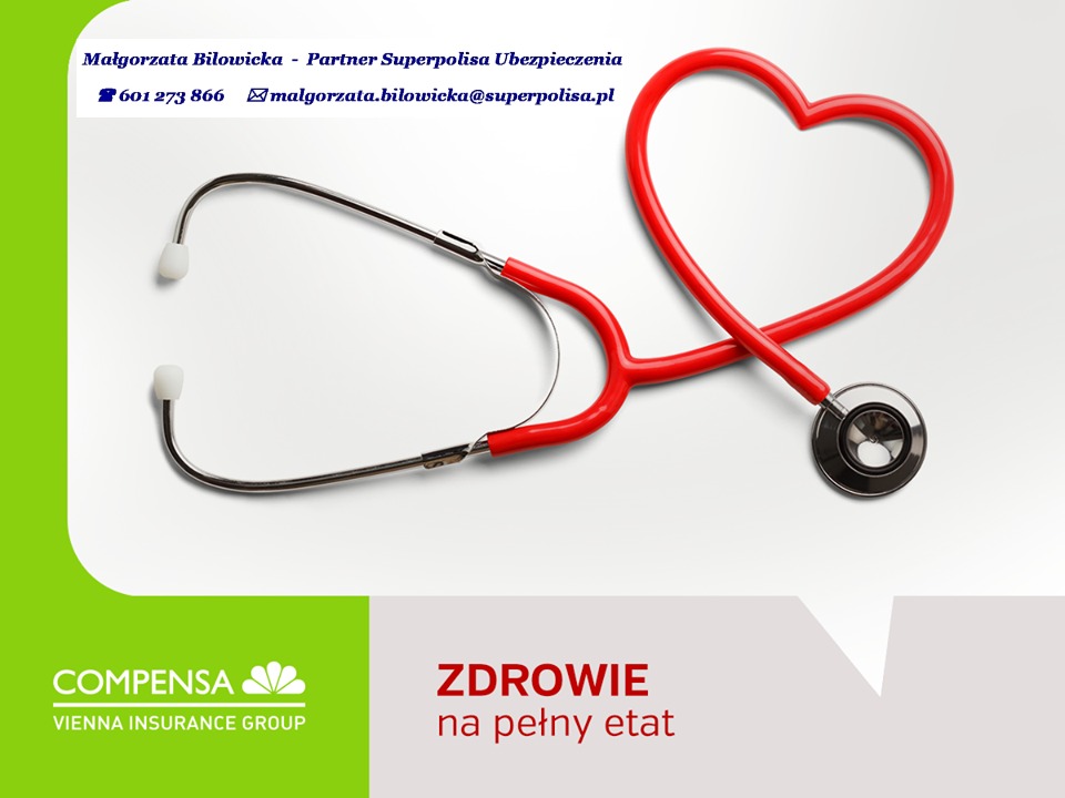 Czerwony stetoskop ułożony w kształt serca na białym tle, obok logo firmy Compensa i tekstu 'Zdrowie na pełny etat', w górnej części dane kontaktowe.