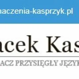 Logo firmy Jacek Kasprzyk, z inicjałami JK w kolorze niebiesko-zielonym, pod spodem napis 'Tłumacz Przysięgły Języka Angielskiego' oraz dane kontaktowe: adres e-mail i numer telefonu na górze.