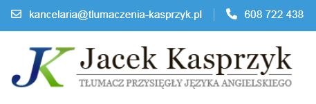 Logo firmy Jacek Kasprzyk, z inicjałami JK w kolorze niebiesko-zielonym, pod spodem napis 'Tłumacz Przysięgły Języka Angielskiego' oraz dane kontaktowe: adres e-mail i numer telefonu na górze.