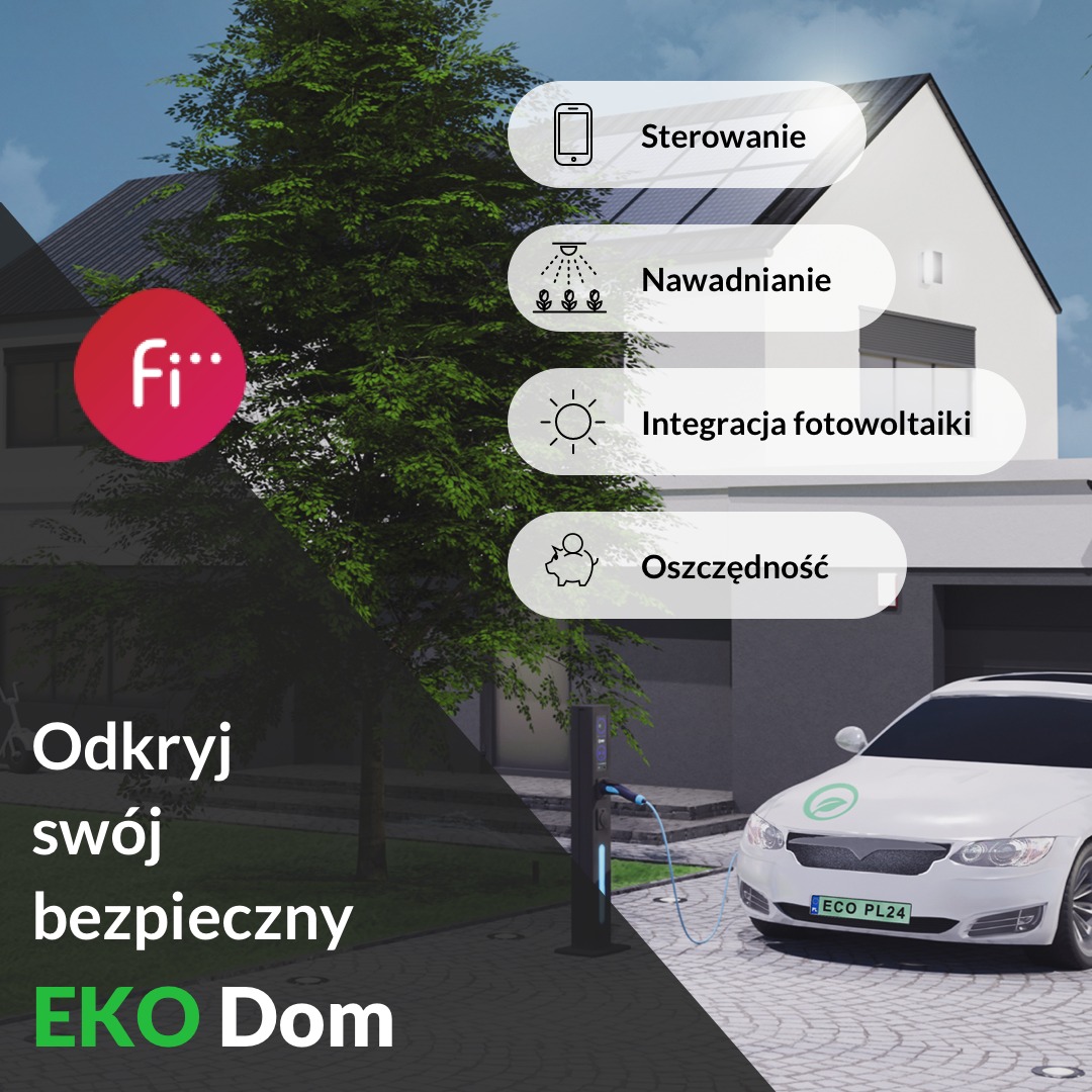 Wizualizacja inteligentnego domu z panelami fotowoltaicznymi, stacją ładowania pojazdów elektrycznych i systemem nawadniania, prezentowana z logotypem firmy i hasłem 'Odkryj swój bezpieczny EKO Dom'.