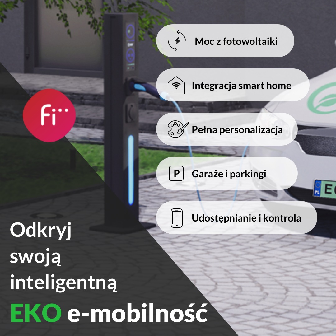 Stacja ładowania pojazdów elektrycznych zintegrowana z systemem fotowoltaicznym i smart home, z białym samochodem elektrycznym w tle i elementami interfejsu użytkownika nałożonymi na obraz.