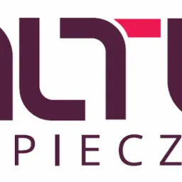 Logo firmy ubezpieczeniowej Saltus Ubezpieczenia, w kolorze bordowym z czerwonym akcentem nad literą T.