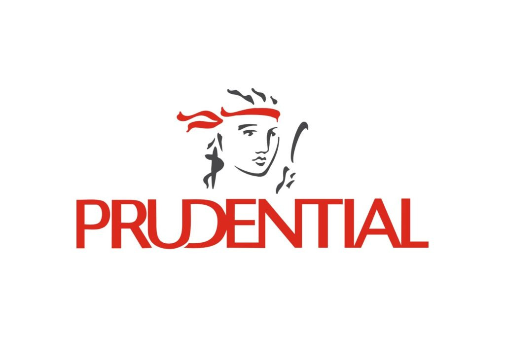 Logo firmy Prudential z czerwonym napisem i stylizowaną głową kobiety z opaską na głowie, na białym tle.
