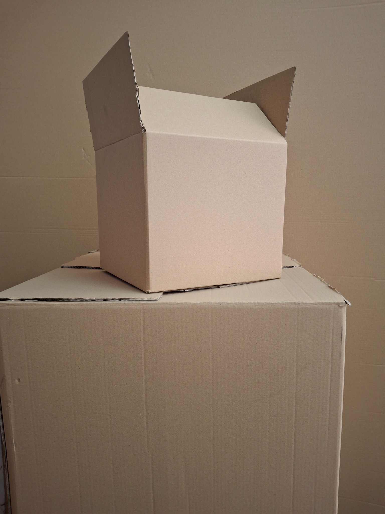 Dwa kartonowe pudła: jedno otwarte, ustawione na drugim, w neutralnym, kartonowym otoczeniu. Widoczne detale tekstury tektury falistej.