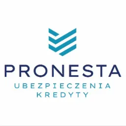 Logo firmy Pronesta z symbolem graficznym przypominającym strzałkę w górę z trzema poziomymi paskami, poniżej nazwa firmy i hasło 'Ubezpieczenia Kredyty' w dwóch wierszach.