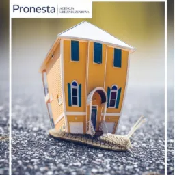 Żółty dom z niebieskimi okiennicami, stylizowany na ślimaka, z logo agencji ubezpieczeniowej Pronesta w tle.