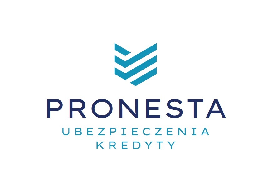 Logo firmy Pronesta z symbolem graficznym przypominającym strzałkę w górę z trzema poziomymi paskami, poniżej nazwa firmy i hasło 'Ubezpieczenia Kredyty' w dwóch wierszach.