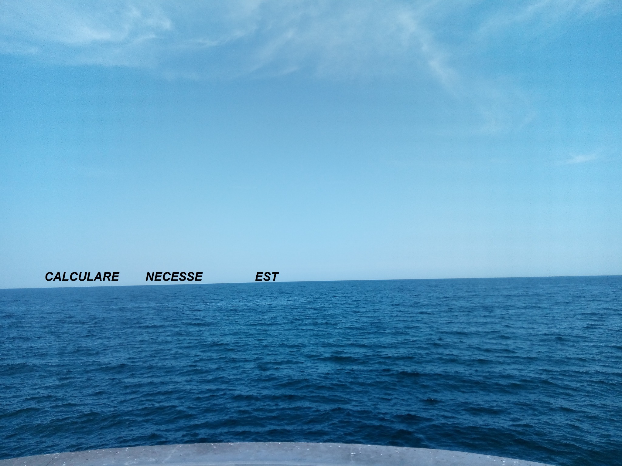 Niebieski ocean pod błękitnym niebem z napisem 'CALCULARE NECESSE EST' (Kalkulowanie jest konieczne) umieszczonym w przestrzeni między wodą a niebem.