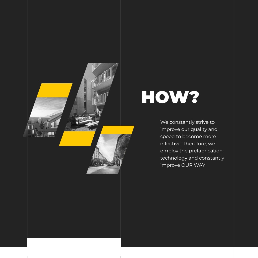 Grafika reklamowa z elementami architektury miejskiej i mieszkalnej w czarno-białej tonacji, podkreślona żółtymi akcentami i tekstem 'HOW?' oraz opisem technologii prefabrykacji.
