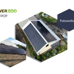 POWERECO OZE Sp. z o.o. - Kompozycja zdjęć prezentująca instalacje paneli słonecznych: dach skośny z panelami fotowoltaicznymi widziany z góry, obok instalacja naziemna na podłożu z widocznymi przewodami. Całość...